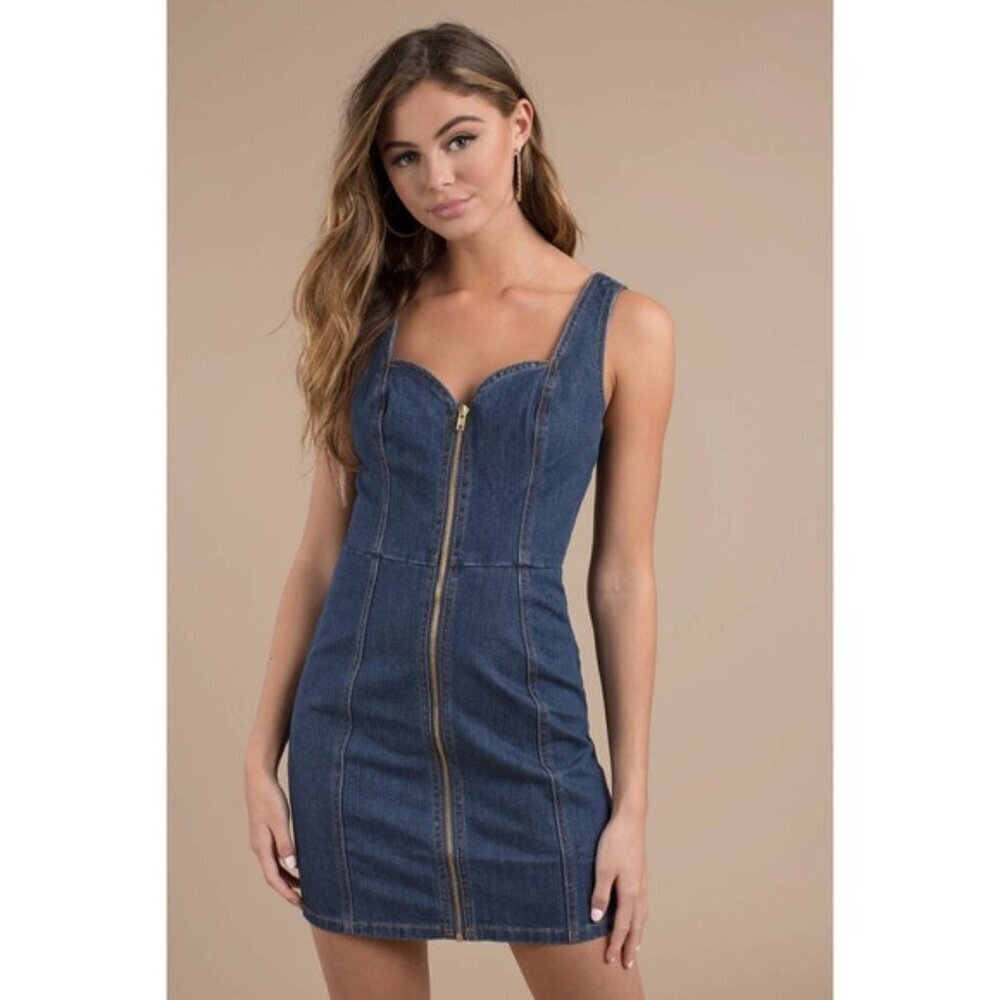 Honey Punch Vintange Blue Wash Cotton Denim Zip Mini Dress Size M Preowned